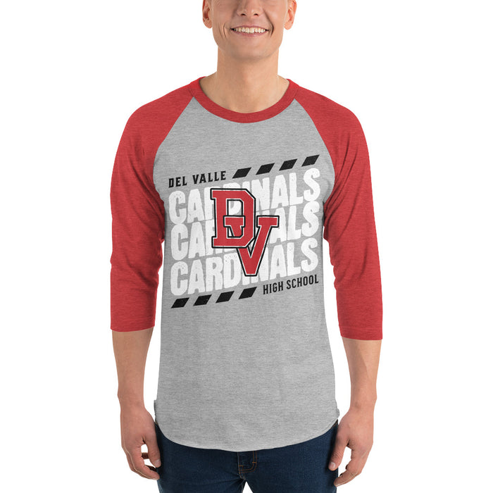 Man wearing Del Valle High School Cardinals Unisex 3/4 sleeve Raglan T-shirt 223