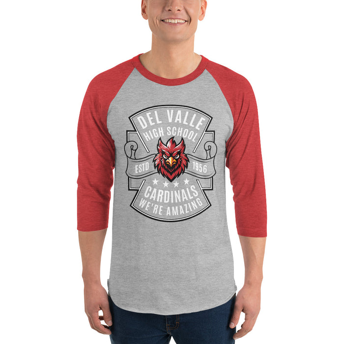 Man wearing Del Valle High School Cardinals Unisex 3/4 sleeve Raglan T-shirt 207