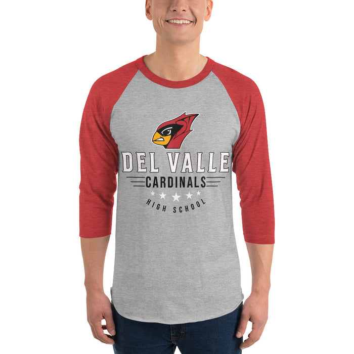 Man wearing Del Valle High School Cardinals Unisex 3/4 sleeve Raglan T-shirt 217