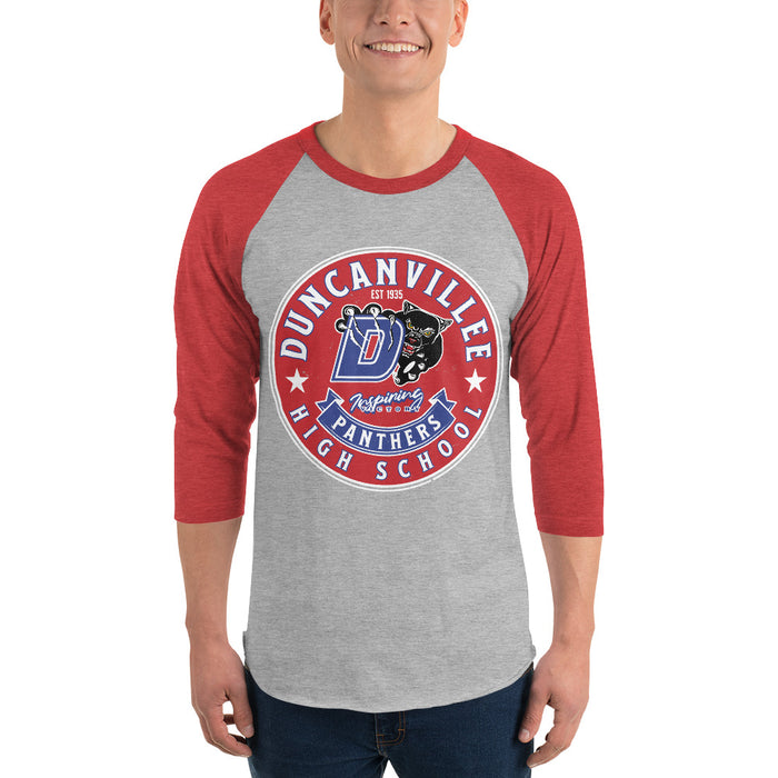 Man wearing Duncanville High School Panthers Unisex 3/4 sleeve Raglan T-shirt 215