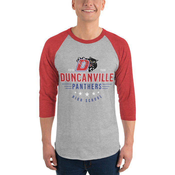 Man wearing Duncanville High School Panthers Unisex 3/4 sleeve Raglan T-shirt 217
