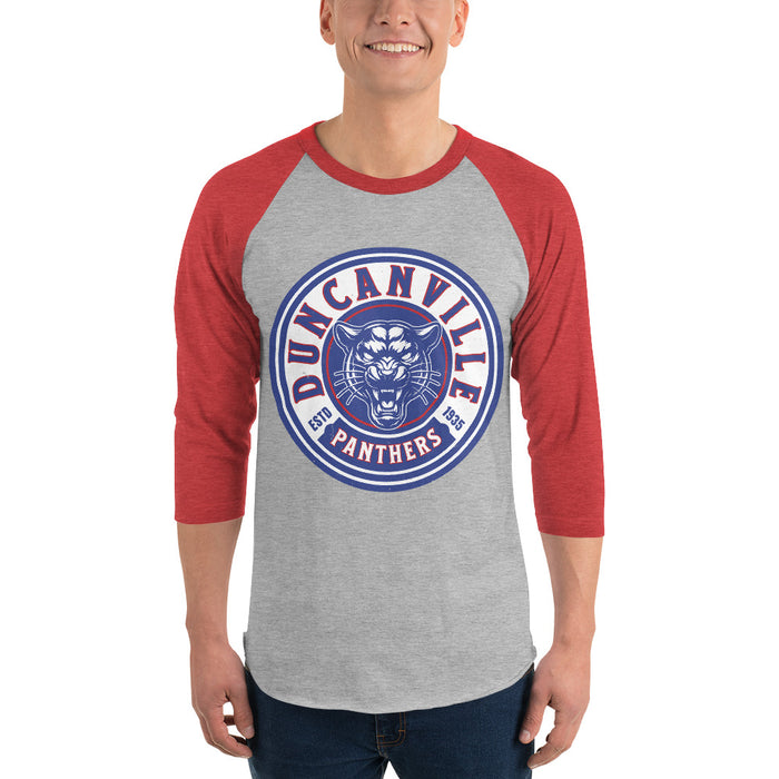 Man wearing Duncanville High School Panthers Unisex 3/4 sleeve Raglan T-shirt 220