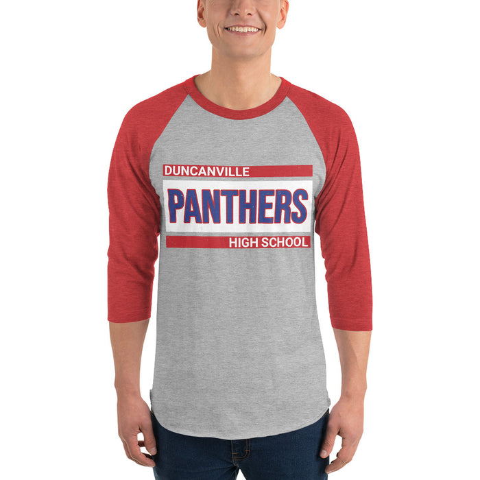 Man wearing Duncanville High School Panthers Unisex 3/4 sleeve Raglan T-shirt 098