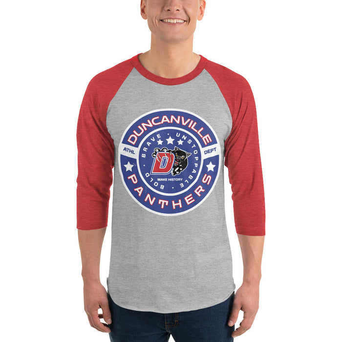 Man wearing Duncanville High School Panthers Unisex 3/4 sleeve Raglan T-shirt 239