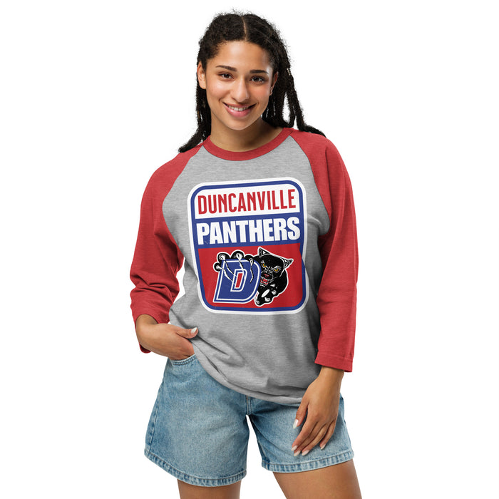Woman wearing Duncanville High School Panthers Unisex 3/4 sleeve Raglan T-shirt 001