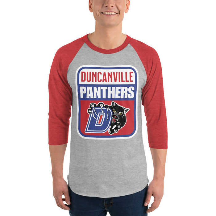 Man wearing Duncanville High School Panthers Unisex 3/4 sleeve Raglan T-shirt 001