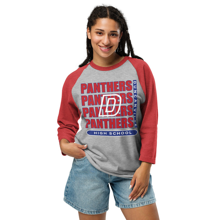Woman wearing Duncanville High School Panthers Unisex 3/4 sleeve Raglan T-shirt 235