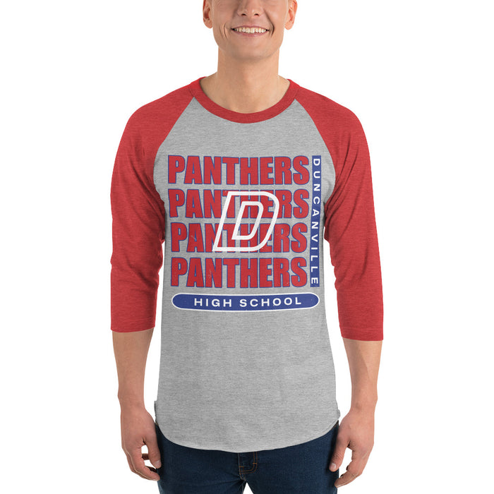 Man wearing Duncanville High School Panthers Unisex 3/4 sleeve Raglan T-shirt 235