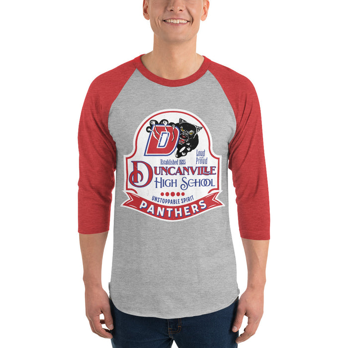 Man wearing Duncanville High School Panthers Unisex 3/4 sleeve Raglan T-shirt 219