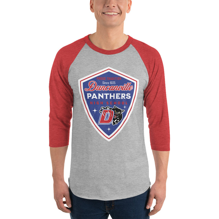 Man wearing Duncanville High School Panthers Unisex 3/4 sleeve Raglan T-shirt 225