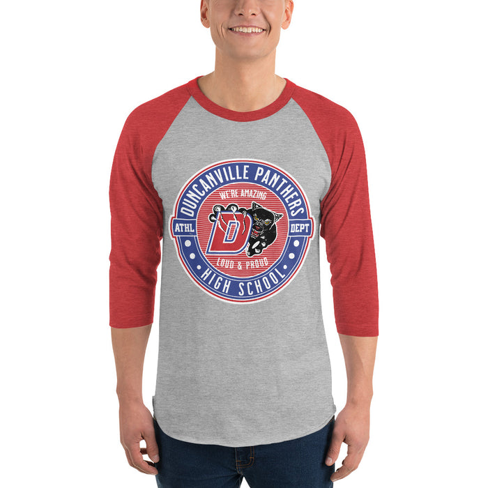 Man wearing Duncanville High School Panthers Unisex 3/4 sleeve Raglan T-shirt 224