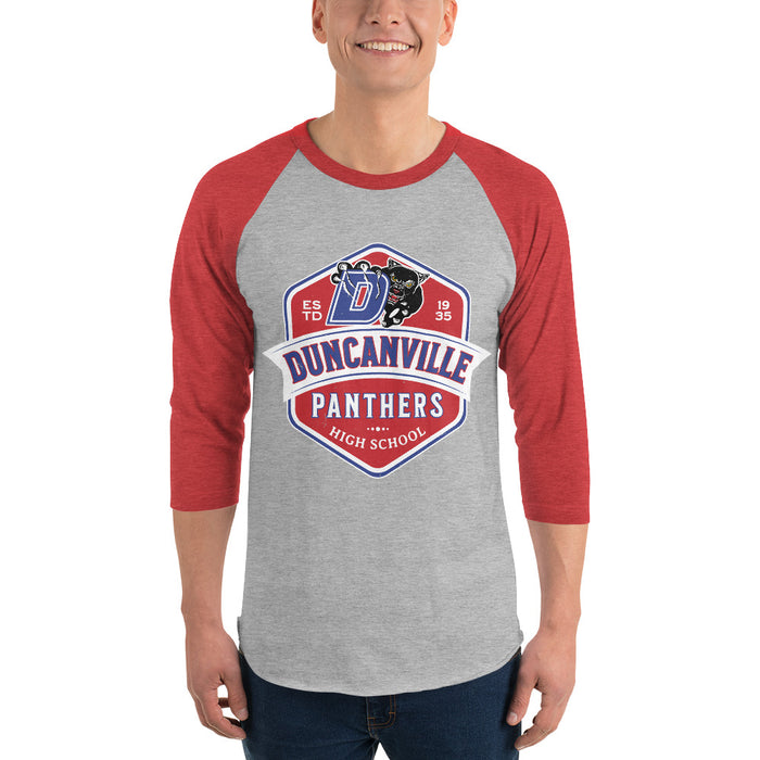 Man wearing Duncanville High School Panthers Unisex 3/4 sleeve Raglan T-shirt 209