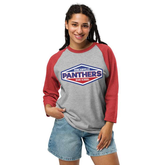 Woman wearing Duncanville High School Panthers Unisex 3/4 sleeve Raglan T-shirt 009