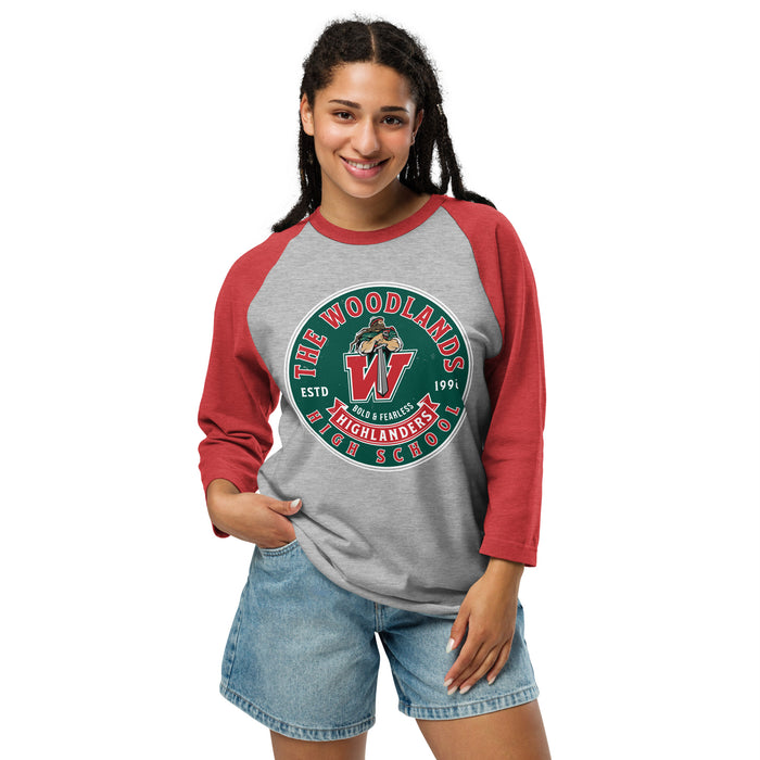 Woman wearing The Woodlands High School Highlanders Unisex 3/4 sleeve Raglan T-shirt 215
