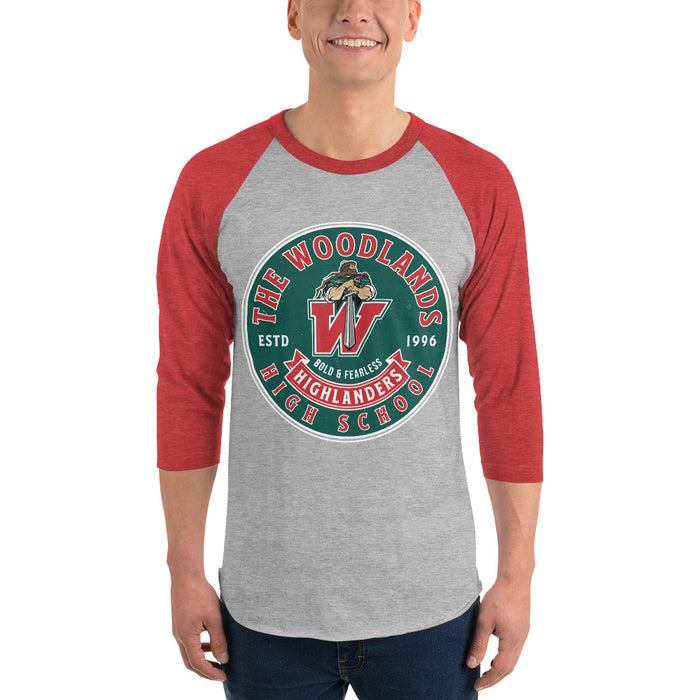 Man wearing The Woodlands High School Highlanders Unisex 3/4 sleeve Raglan T-shirt 215