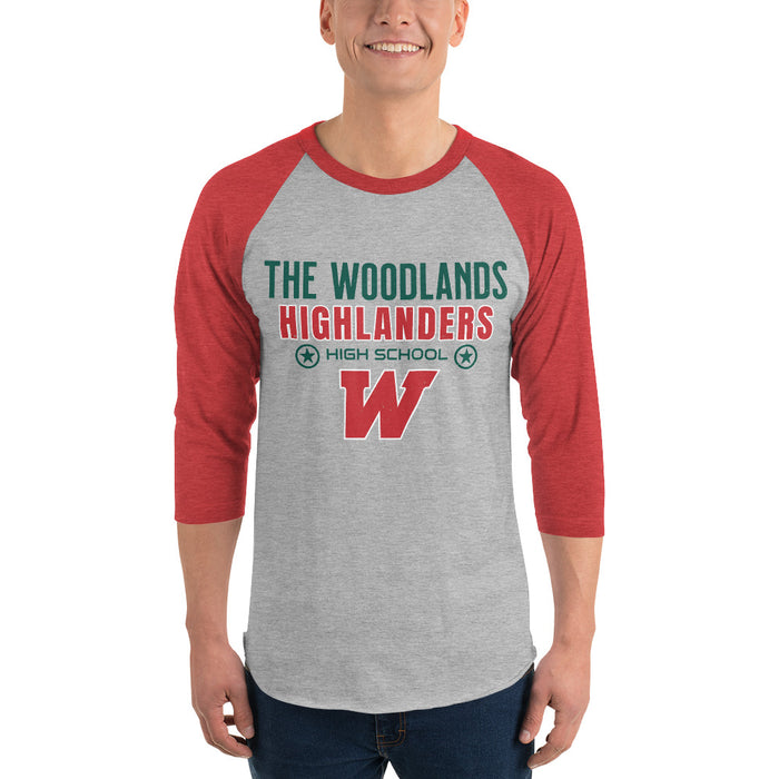 Man wearing The Woodlands High School Highlanders Unisex 3/4 sleeve Raglan T-shirt 003