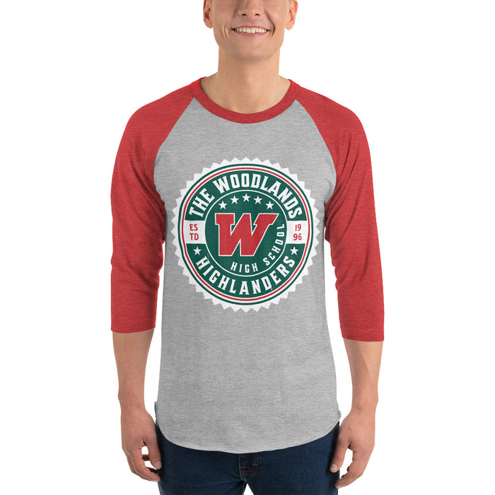 Man wearing The Woodlands High School Highlanders Unisex 3/4 sleeve Raglan T-shirt 203