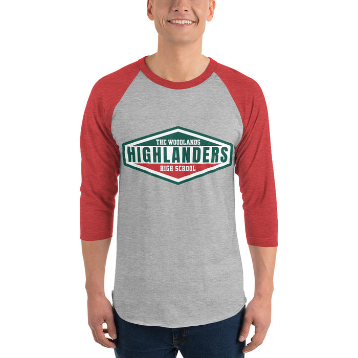 Man wearing The Woodlands High School Highlanders Unisex 3/4 sleeve Raglan T-shirt 009
