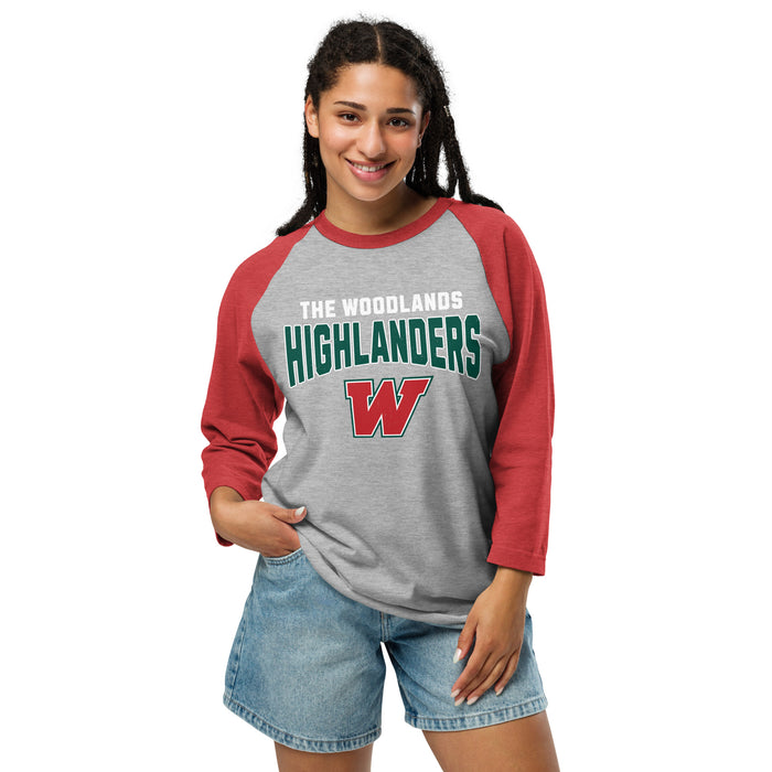 Woman wearing The Woodlands High School Highlanders Unisex 3/4 sleeve Raglan T-shirt 234