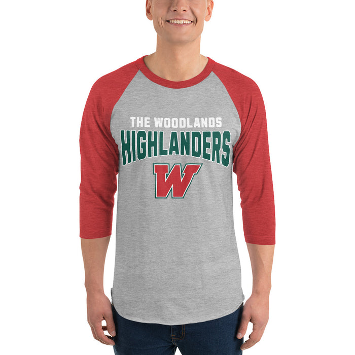 Man wearing The Woodlands High School Highlanders Unisex 3/4 sleeve Raglan T-shirt 234