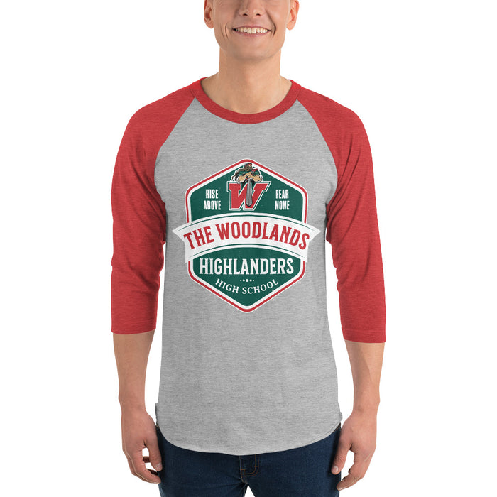 Man wearing The Woodlands High School Highlanders Unisex 3/4 sleeve Raglan T-shirt 209