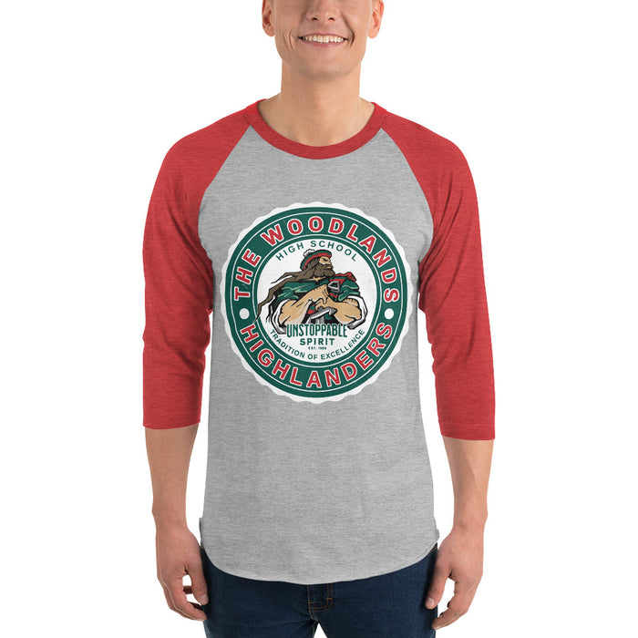 Man wearing The Woodlands High School Highlanders Unisex 3/4 sleeve Raglan T-shirt 216