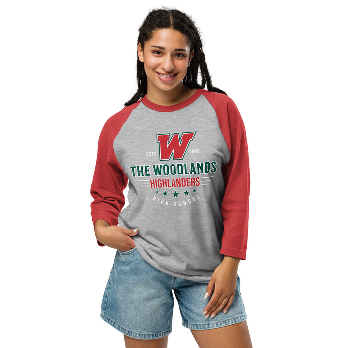 Woman wearing The Woodlands High School Highlanders Unisex 3/4 sleeve Raglan T-shirt 217