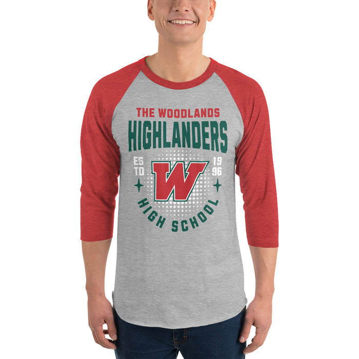 Man wearing The Woodlands High School Highlanders Unisex 3/4 sleeve Raglan T-shirt 204