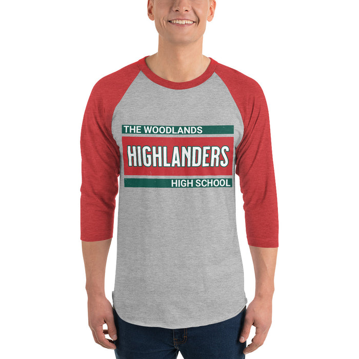 Man wearing The Woodlands High School Highlanders Unisex 3/4 sleeve Raglan T-shirt 098