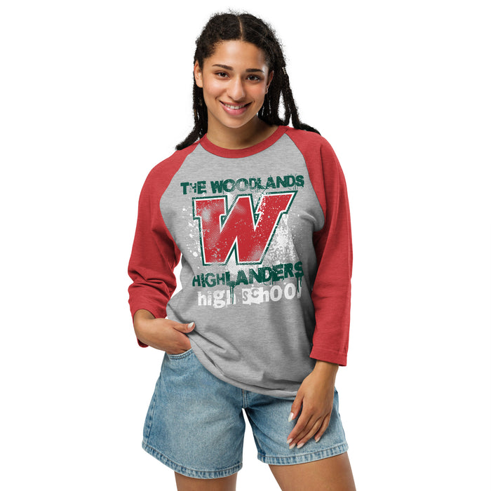 Woman wearing The Woodlands High School Highlanders Unisex 3/4 sleeve Raglan T-shirt 205