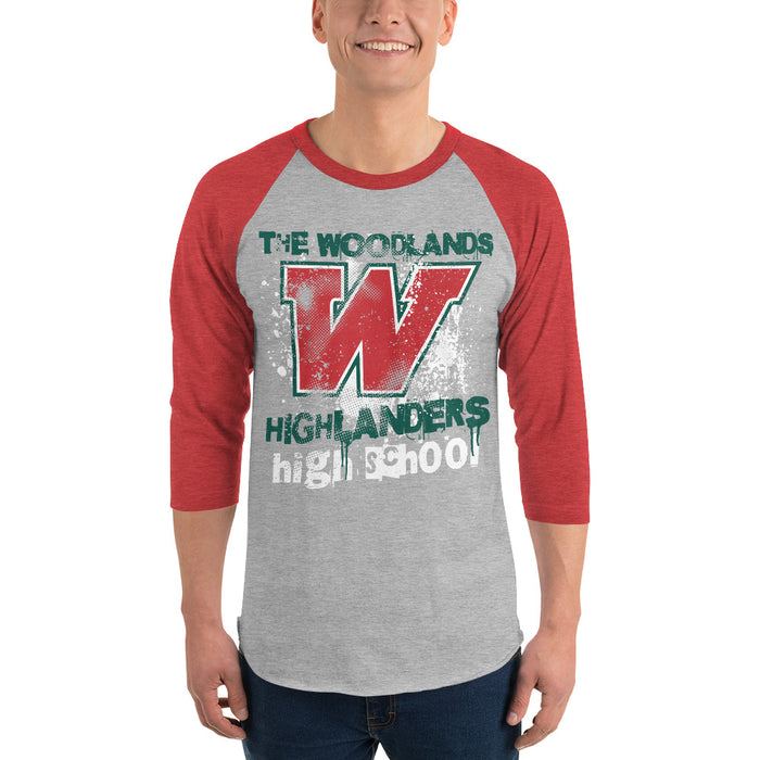 Man wearing The Woodlands High School Highlanders Unisex 3/4 sleeve Raglan T-shirt 205