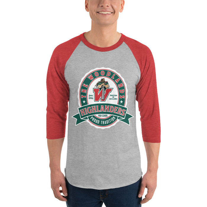 Man wearing The Woodlands High School Highlanders Unisex 3/4 sleeve Raglan T-shirt 212