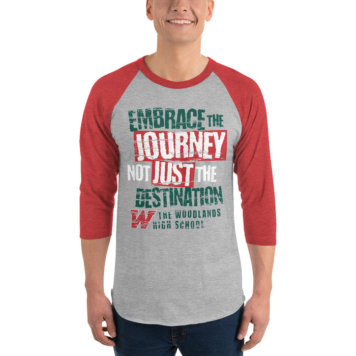 Man wearing The Woodlands High School Highlanders Unisex 3/4 sleeve Raglan T-shirt 232