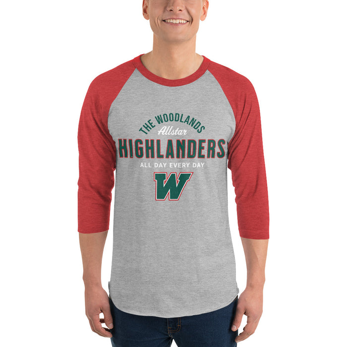 Man wearing The Woodlands High School Highlanders Unisex 3/4 sleeve Raglan T-shirt 040