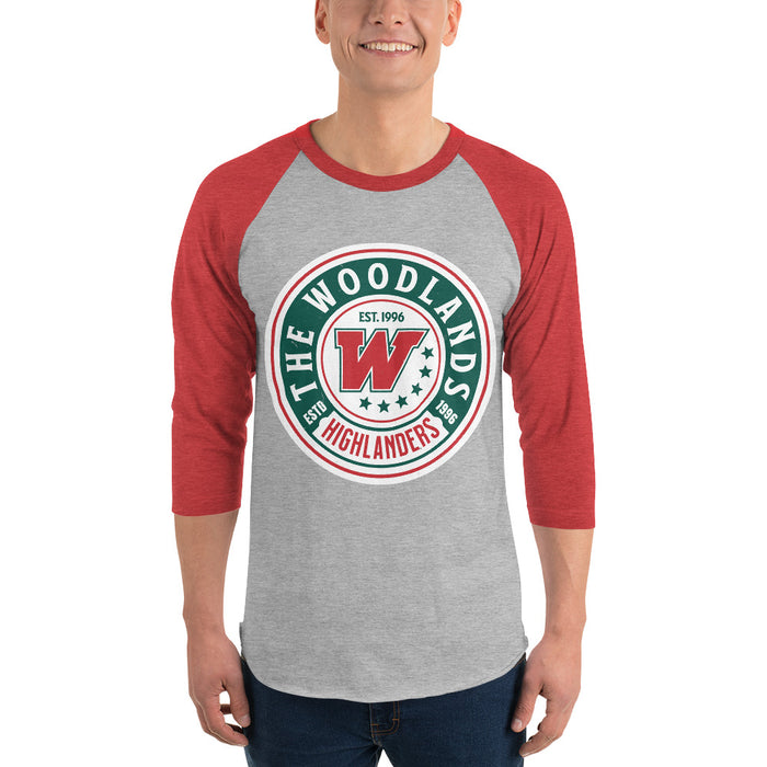 Man searing The Woodlands High School Highlanders Unisex 3/4 sleeve Raglan T-shirt 220