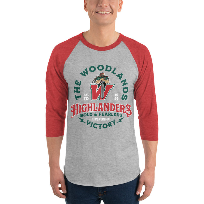 Man wearing The Woodlands High School Highlanders Unisex 3/4 sleeve Raglan T-shirt 206