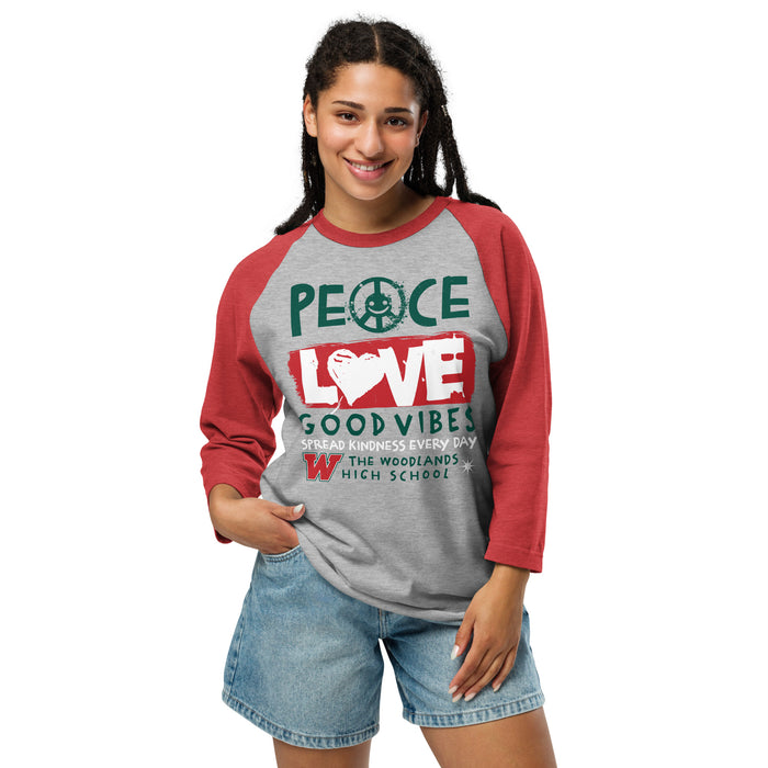 Woman wearing The Woodlands High School Highlanders Unisex 3/4 sleeve Raglan T-shirt 240