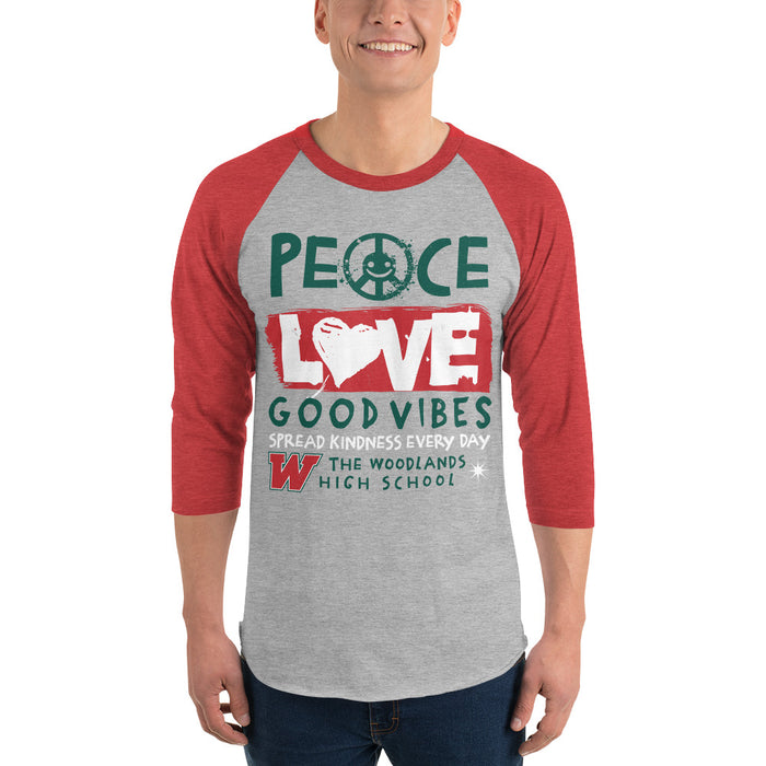 Man wearing The Woodlands High School Highlanders Unisex 3/4 sleeve Raglan T-shirt 240