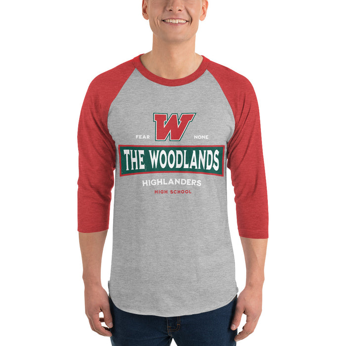 Man wearing The Woodlands High School Highlanders Unisex 3/4 sleeve Raglan T-shirt 202