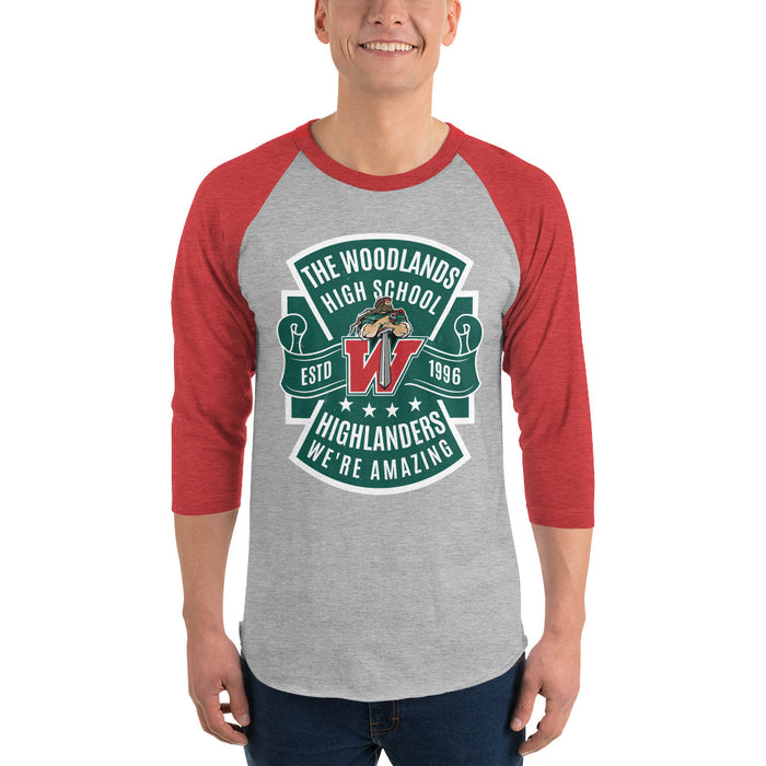 Man wearing The Woodlands High School Highlanders Unisex 3/4 sleeve Raglan T-shirt 207