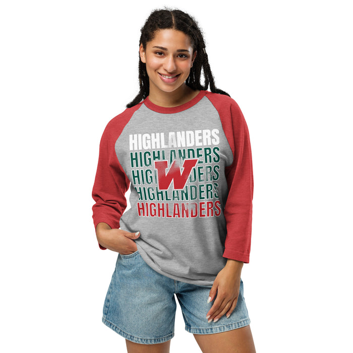 Woman wearing The Woodlands High School Highlanders Unisex 3/4 sleeve Raglan T-shirt 233