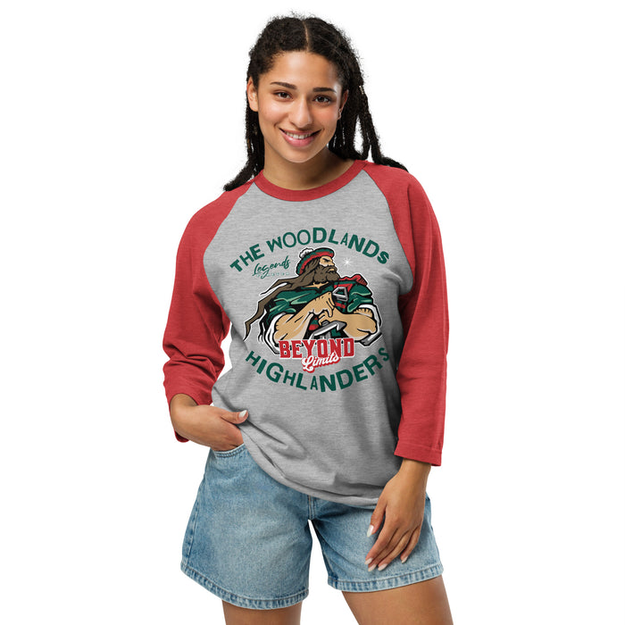 Woman wearing The Woodlands High School Highlanders Unisex 3/4 sleeve Raglan T-shirt 228