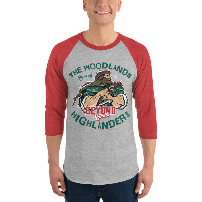 Man wearing The Woodlands High School Highlanders Unisex 3/4 sleeve Raglan T-shirt 228
