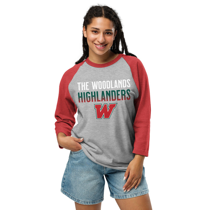 Woman wearing The Woodlands High School Highlanders Unisex 3/4 sleeve Raglan T-shirt 024