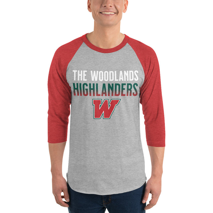 Man wearing The Woodlands High School Highlanders Unisex 3/4 sleeve Raglan T-shirt 024