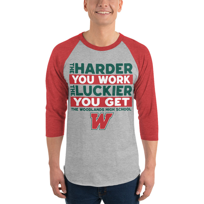 Man wearing The Woodlands High School Highlanders Unisex 3/4 sleeve Raglan T-shirt 238