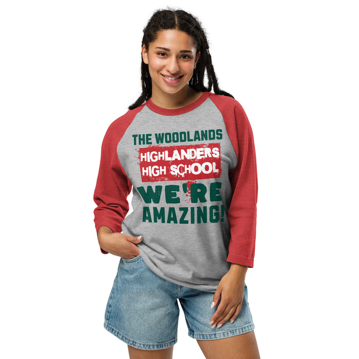 Woman wearing The Woodlands High School Highlanders Unisex 3/4 sleeve Raglan T-shirt 231