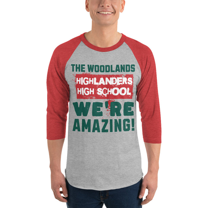 Man wearing The Woodlands High School Highlanders Unisex 3/4 sleeve Raglan T-shirt 231