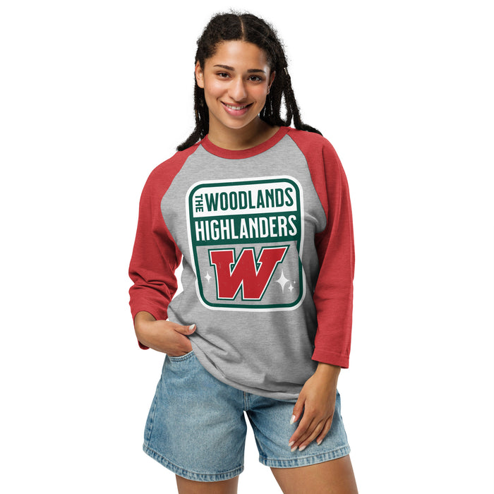 Woman wearing The Woodlands High School Highlanders Unisex 3/4 sleeve Raglan T-shirt 001