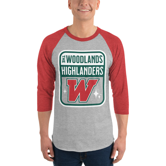 Man wearing The Woodlands High School Highlanders Unisex 3/4 sleeve Raglan T-shirt 001